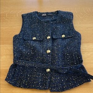 Zara Dark Blue Tweed Vest with Gold Accents